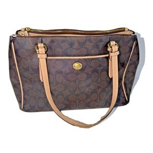 Coach Signature Peyton Double Zip Carryall Beige Dark Brown Purse Logo F26187
